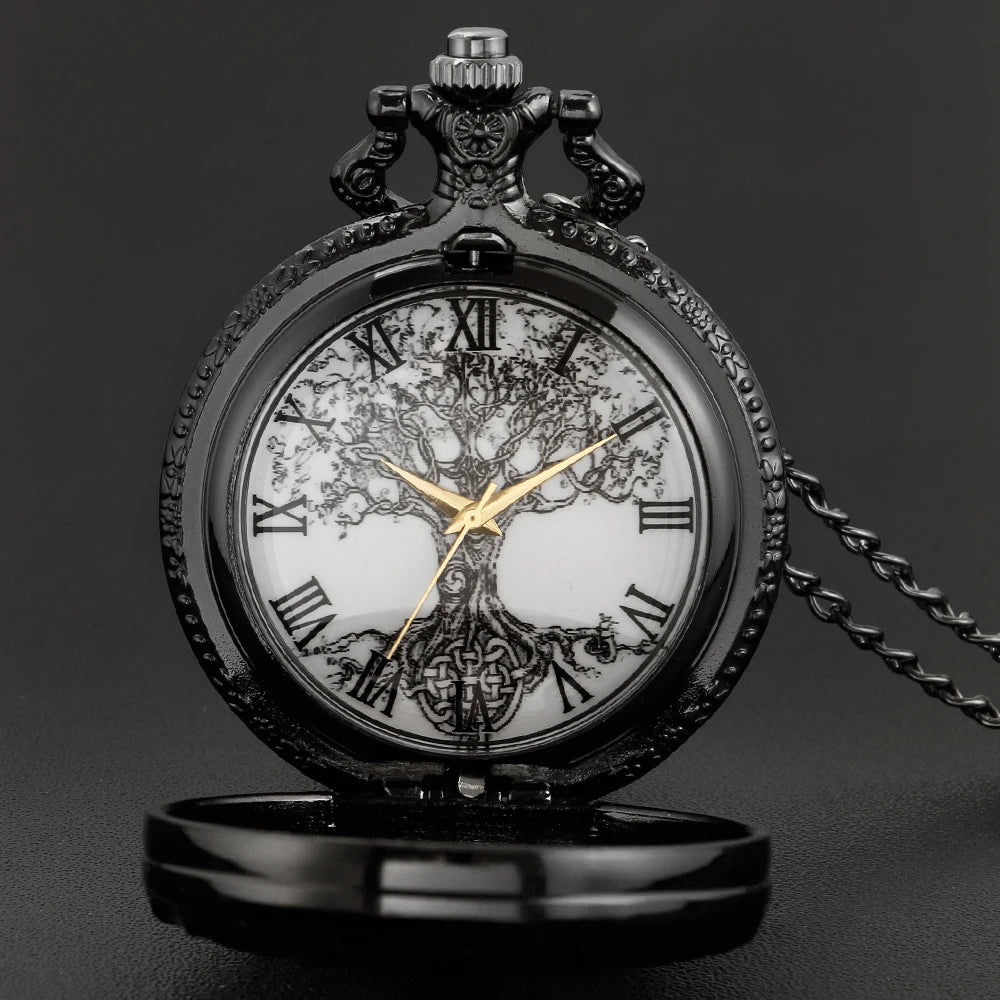 luckacco tree of life pattern sketch ink painting dial pocket watch all black vintage necklace chain quartz fob clock reloj