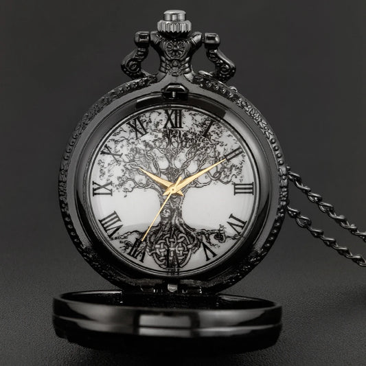 Luckacco Tree of Life Pattern Sketch Ink Painting Dial Pocket Watch All Black Vintage Necklace Chain Quartz fob Clock reloj