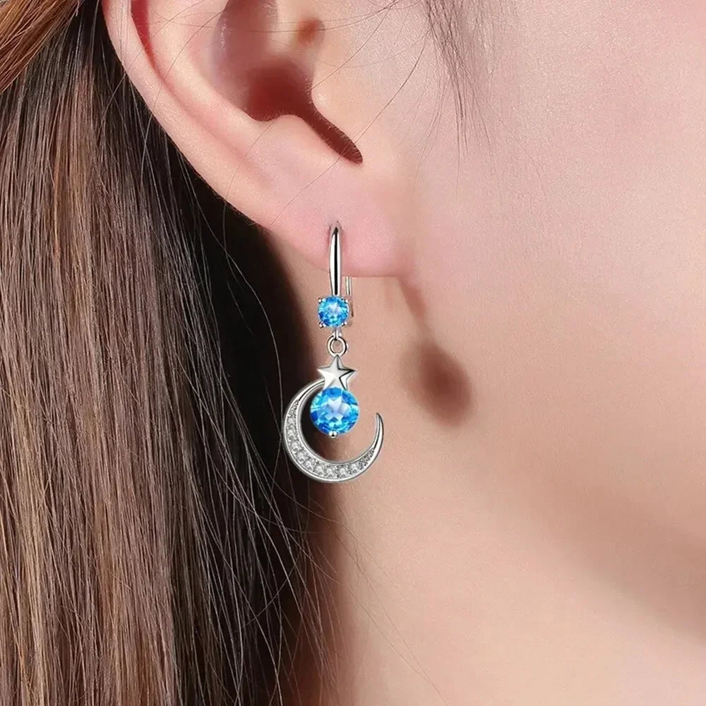 luckacco female fashion star moon earrings 925 sterling silver white sapphire pink blue white artificial dangle earrings