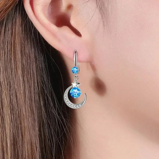 Luckacco Female Fashion Star Moon Earrings 925 Sterling Silver White Sapphire Pink Blue White Artificial Dangle Earrings