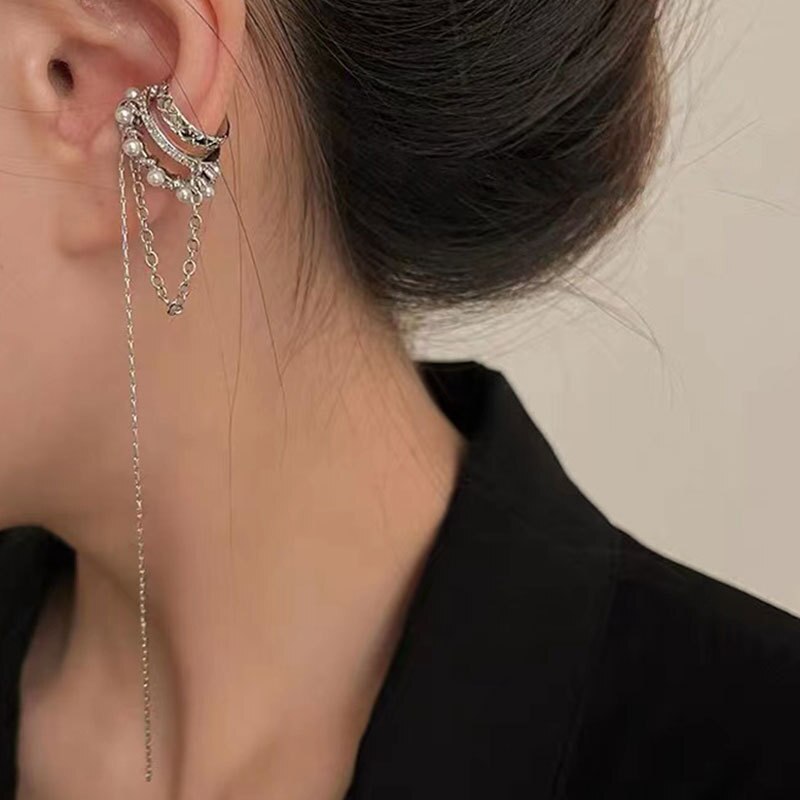 1 PC Silver Color Long Tassel Beads Ear Cuff Clip No Perforation Zircon Fake Cartilage Ear Clips Earrings for Women Jewelry Gift -  - Luckacco Jewelry and Watch Store
