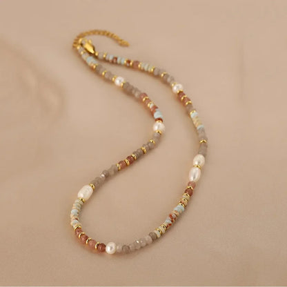 Luckacco Minar Retro Colorful Natural Stone Crystal Freshwater Pearl Strand Beaded Necklace for Women 14K Real Gold Plated Copper Chokers