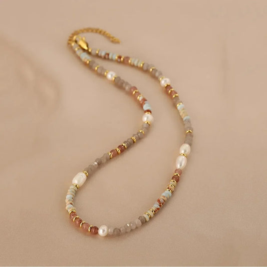 Luckacco Minar Retro Colorful Natural Stone Crystal Freshwater Pearl Strand Beaded Necklace for Women 14K Real Gold Plated Copper Chokers