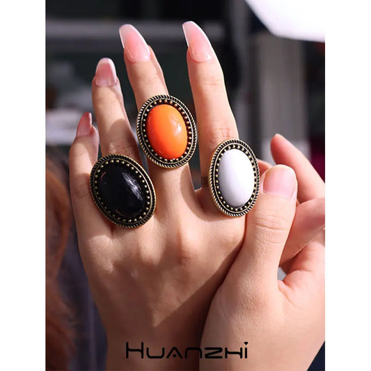 Luckacco Vintage Orange Color Black White Oval Resin Metal Rings for Women Girl Autumn Winter Elegant Jewelry Gift HUANZHI 2023 NEW