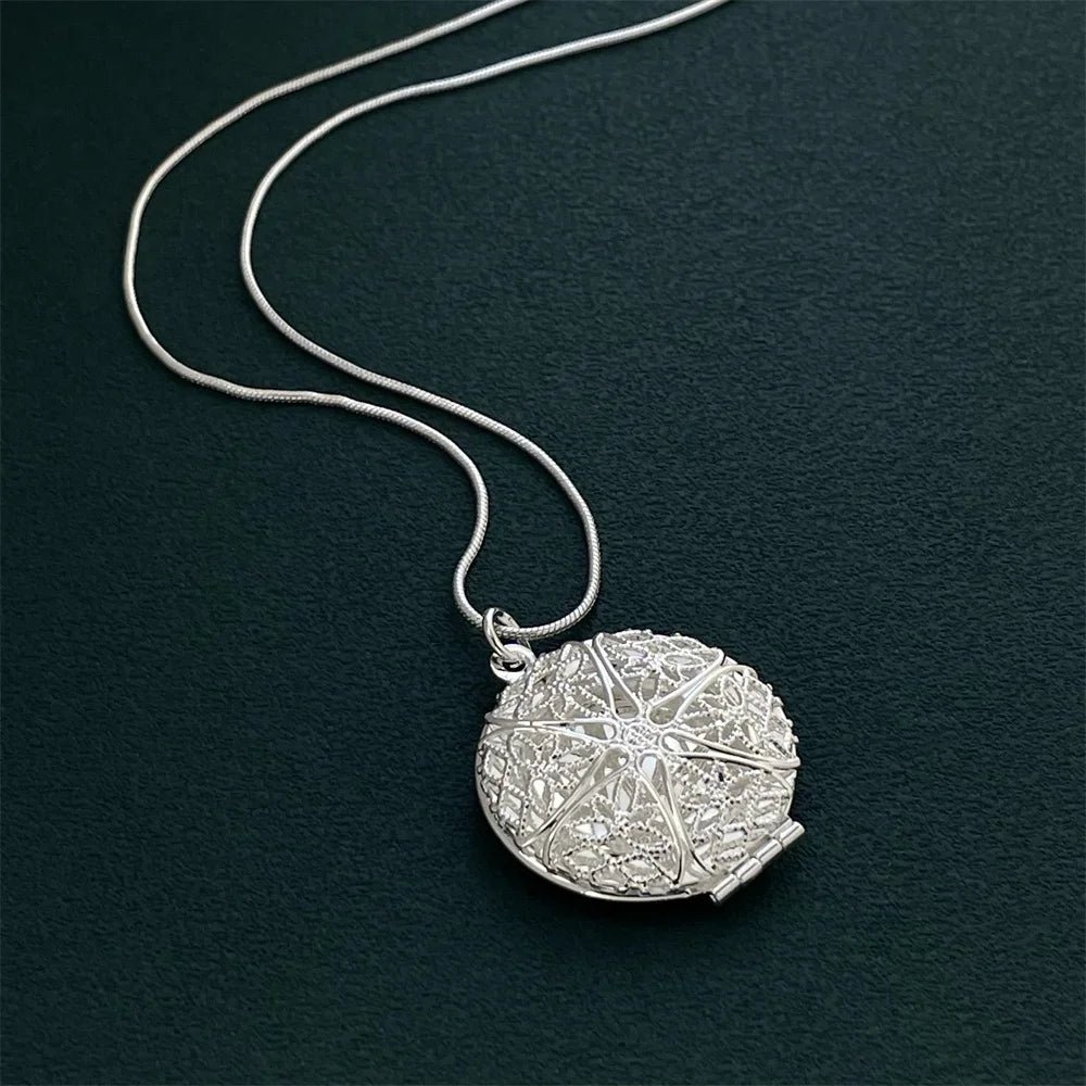 luckacco 925 silver necklace hollow round photo frame pendant, suitable for women's daily wear