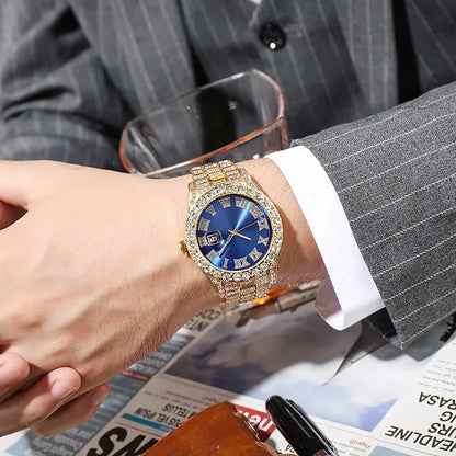 Luckacco Personalized Hip Hop Watch with Shiny Rhinestones for Men, Luxury Clock, Band Length, Iced Steel Belt, 40mm Diameter Glass Dial