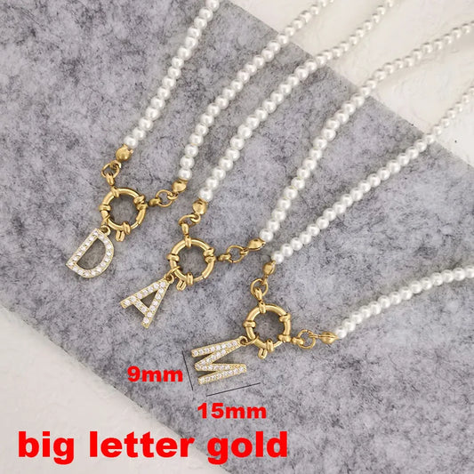 Luckacco QMHJE Initial Charm Letters Imitation Pearl Necklace Women Men Choker Stainless Steel Clasp Sailor Buckle 42cm Small Alphabet