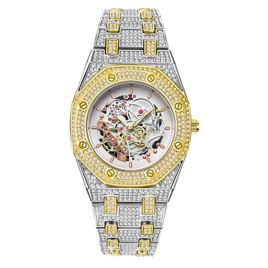 Luckacco Luxury Genuine Brand Watches For Men Hip Hop Diamond Fashion Alloy Band Date Vintage Skeleton Designer Quartz Watch Montre Homme