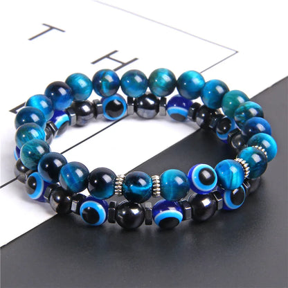 Luckacco Lucky Evil Eye Beads Bracelet Natural Stone Lava Hematite Bracelet Set Multilayer Bracelets Women Men Handmade Elastic Jewelry