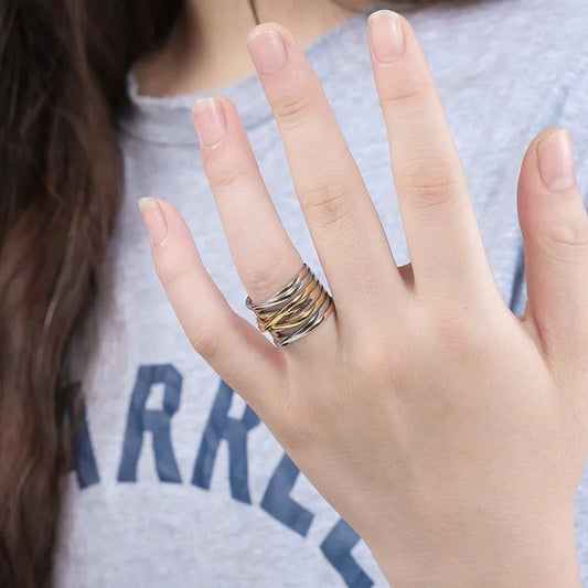 Luckacco Stainless Steel Multilayer Cross Wide Band Ring for Women Men Size 6-11