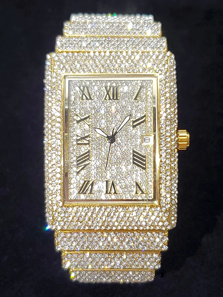 luckacco gold men's watches rectangle dial luxury diamond fashion big wristwatches luminous point iced quartz watch for men