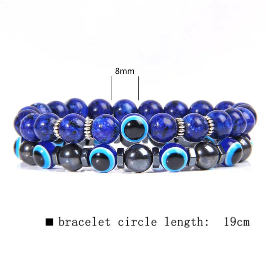Luckacco Lucky Evil Eye Beads Bracelet Natural Stone Lava Hematite Bracelet Set Multilayer Bracelets Women Men Handmade Elastic Jewelry