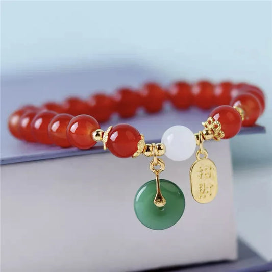 Luckacco Handmade Good Luck Wealth Elastic Beaded Bracelet Imitation Jade Ping An Buckle Lucky Amulet Prayer Bracelets For Women Men Gift