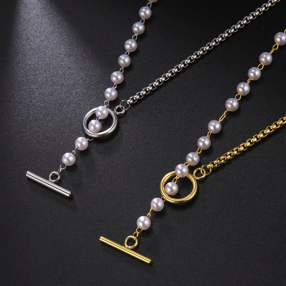 luckacco unift paperclip ot buckle pearl necklace choker half pearl half chain gold plated necklace fashion boho wedding jewelry women