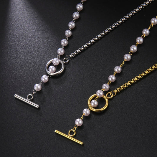 Luckacco Unift Paperclip OT Buckle Pearl Necklace Choker Half Pearl Half Chain Gold Plated Necklace Fashion Boho Wedding Jewelry Women