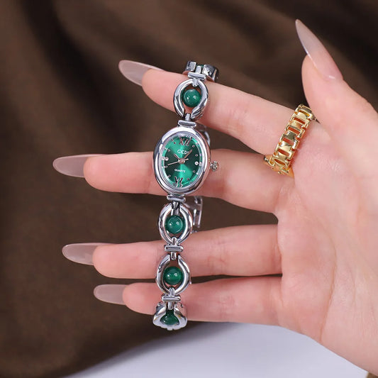 Luckacco Ladies Watch Light Luxury Brand National Style Zulu Green Bracelet Advanced Bead Waterproof Women Fashion Quartz Wristwatches