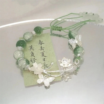 Luckacco Chinese Style Lotus Butterfly Beaded Bracelets for Women Fashion Green Bead Handmade Bracelets Exquisite Sweet Jewelry Gifts