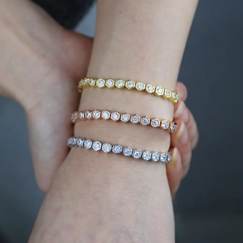 luckacco 2025 new iced out aaa cubic zirconia heart tennis chain bracelet silver color cz charm chain bracelet hip hop jewelry for women