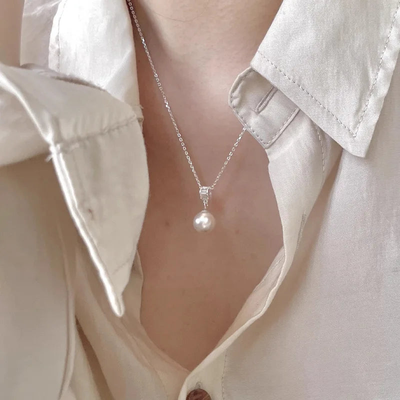 luckacco new trendy fashion 925 silver pearl simple elegant thin chain pendant necklace for women girl jewelry dropship