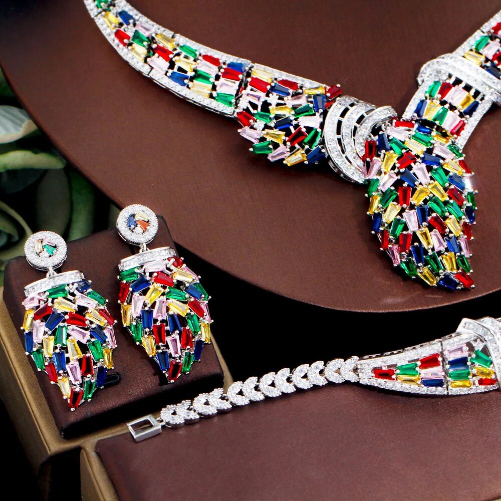 ThreeGraces Famous Brand 4pcs Multicolor Cubic Zirconia Luxury Nigerian Dubai Bridal Wedding Banquet Jewelry Set for Women TZ831