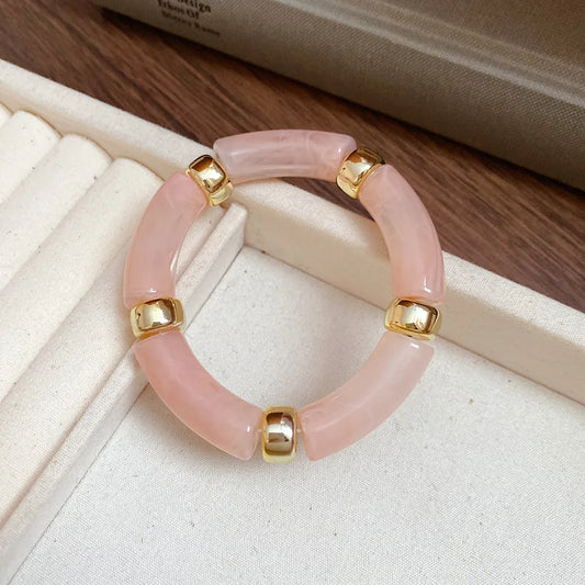 Luckacco Splicing Bamboo Tube Acrylic Smudging Bangles for Women Men Fashion Geometric Elastic Bracelets Bangles Jewelry Couple Gifts F