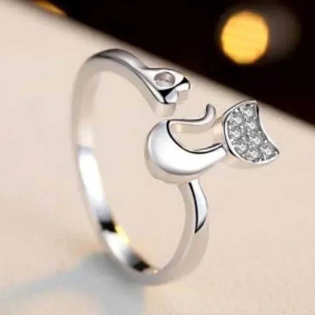 luckacco charm crystal top quality cubic zirconia crystal inlaid cute animal cat ring for women girls fashion animal anillo de mujer open