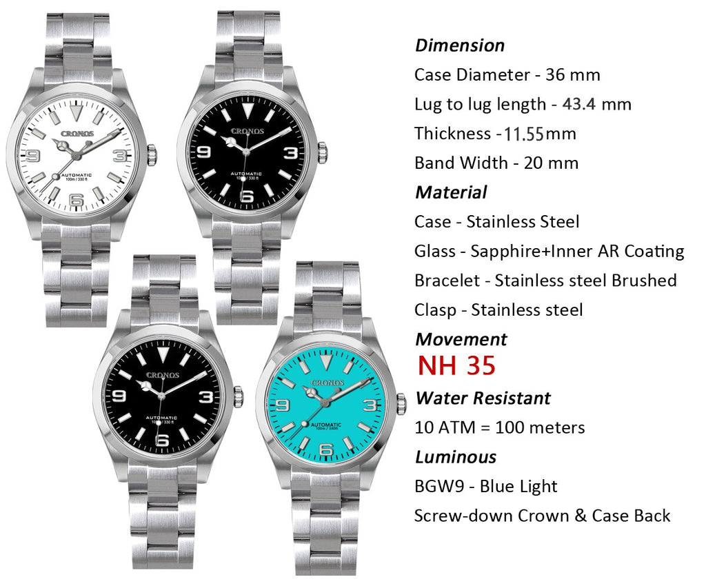 Cronos Watch For Men Luxury Watch 36mm Climbing Series NH35 Movement Automatic Mechanical Couples Sport Watch Unisex Watch 10Bar - luckacco