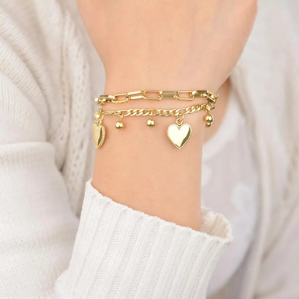 luckacco punk double layer love heart charm bracelet female 19cm gold silver color stainless steel chain link bracelets for women jewelry