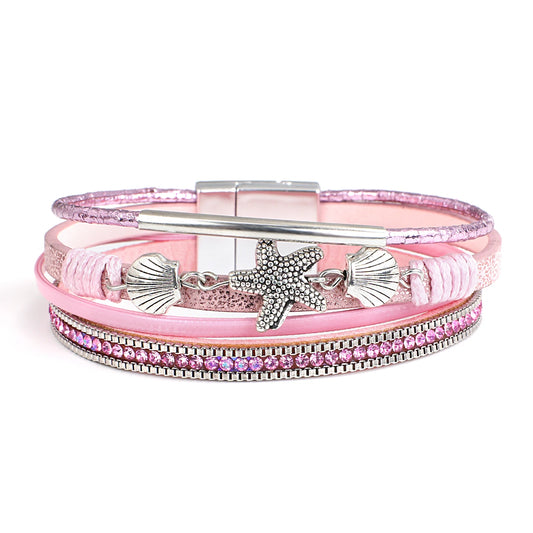Luckacco ALLYES Charm Starfish Shell Leather Bracelet for Women Men Boho Metal Tube Crystal Beads Chain Bracelets & Bangles Beach Jewelry