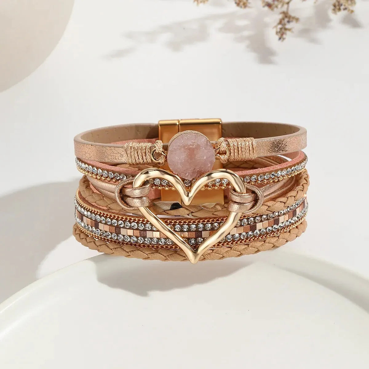 luckacco new metal love heart charm leather bracelets for women fashion bohemian rhinestone resin wrap bracelet bangle couple jewelry