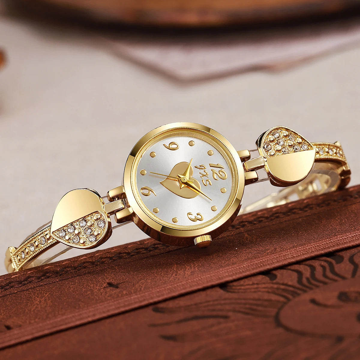 luckacco new small gold watch with diamond inlaid bracelet watch, women's compact round quartz watch