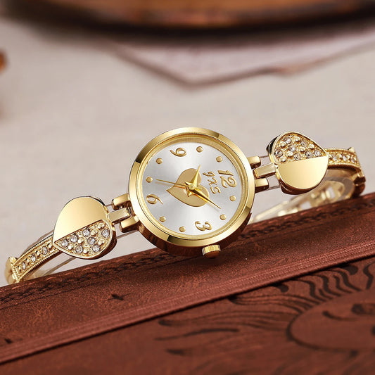 Luckacco New Small Gold Watch with Diamond Inlaid Bracelet Watch, Women's Compact Round Quartz Watch