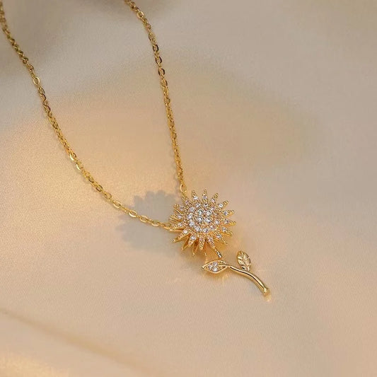 Luckacco Classic Sunflower Cubic Zirconia Pendant Necklaces For Women Gold Color Alloy Rotate Necklace Daily Jewelry
