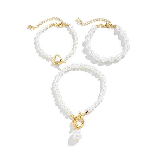 Luckacco Vintage Imitation Pearl Heart OT Buckle Pendant Bracelet for Women Wed Bridal Bead Chain Bangles Couple Hand Jewelry New