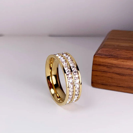 Luckacco Luxury Rose Gold Color Double Row Square Zircon Stainless Steel Ring For Women Romantic Engageme Wedding Party Jewelry Female