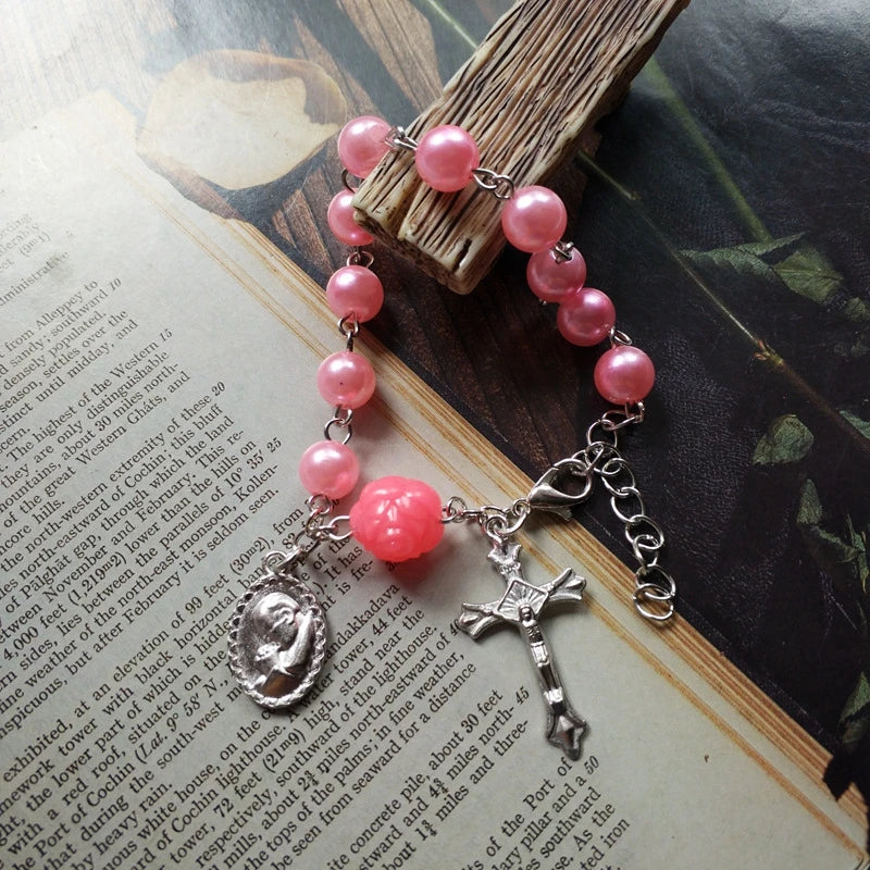luckacco qigo imitatial pearl bracelets acrylic beads rose cross strand jewelry white pink