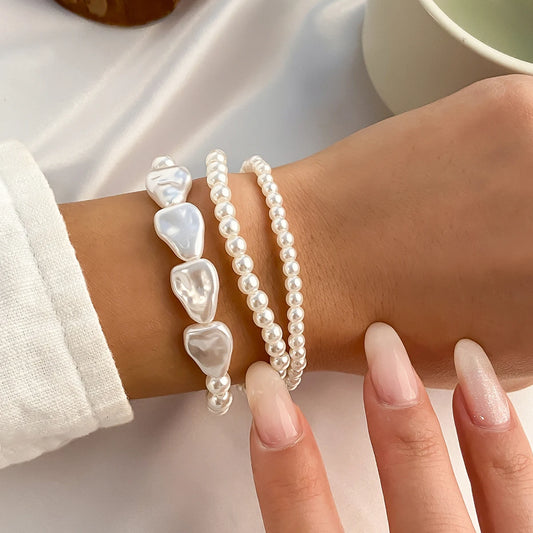 Luckacco Vintage Imitation Pearl Heart OT Buckle Pendant Bracelet for Women Wed Bridal Bead Chain Bangles Couple Hand Jewelry New