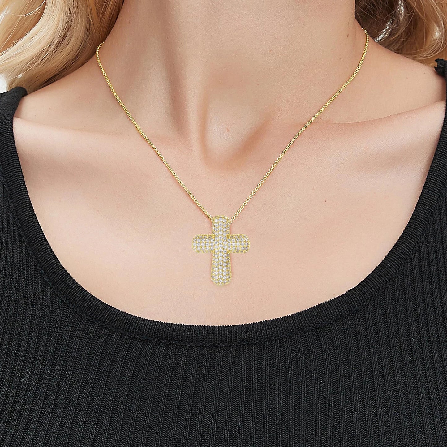 luckacco sunsll classic chunky full cubic zircon cross pendant necklaces for women men gold/silver color catholicism religious jewelry
