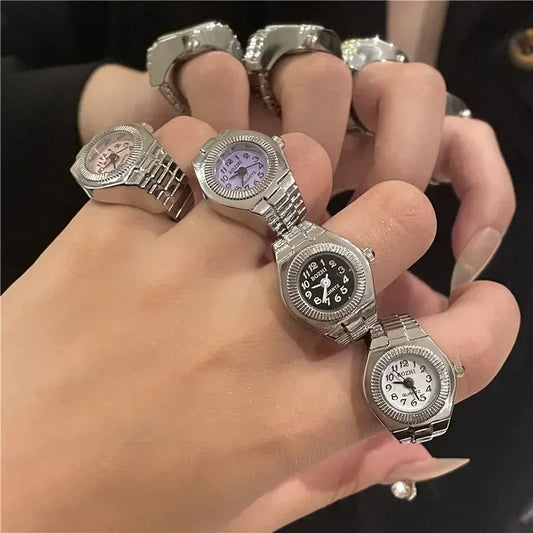 Luckacco Vintage Punk Finger Watch Mini Elastic Strap Alloy Watches Couple Rings Jewelry Clock Retro Roman Quartz Watch Rings Women Men