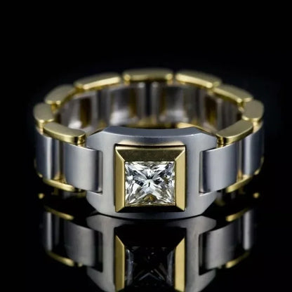 Luckacco Business Inlaid White Zircon Punk Ring for Men Luxury Two Tone Metal Engagement Party Ring Jewelry