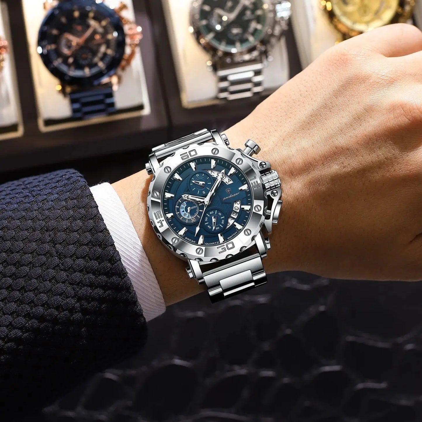luckacco poedagar luxury watch for men calendar luminous waterproof man clock male chronograph stainless steel men's quartz watches reloj