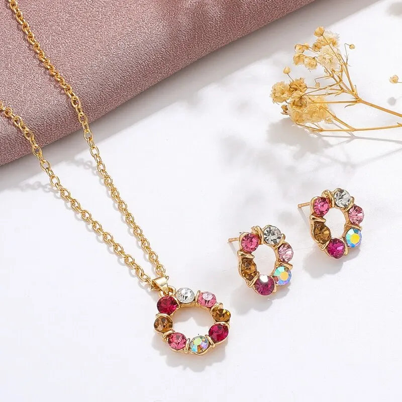 luckacco 3pcs gold necklace earrings set ladies celebrity simple fashion style exquisite stained glass diamond circle shape jewelry