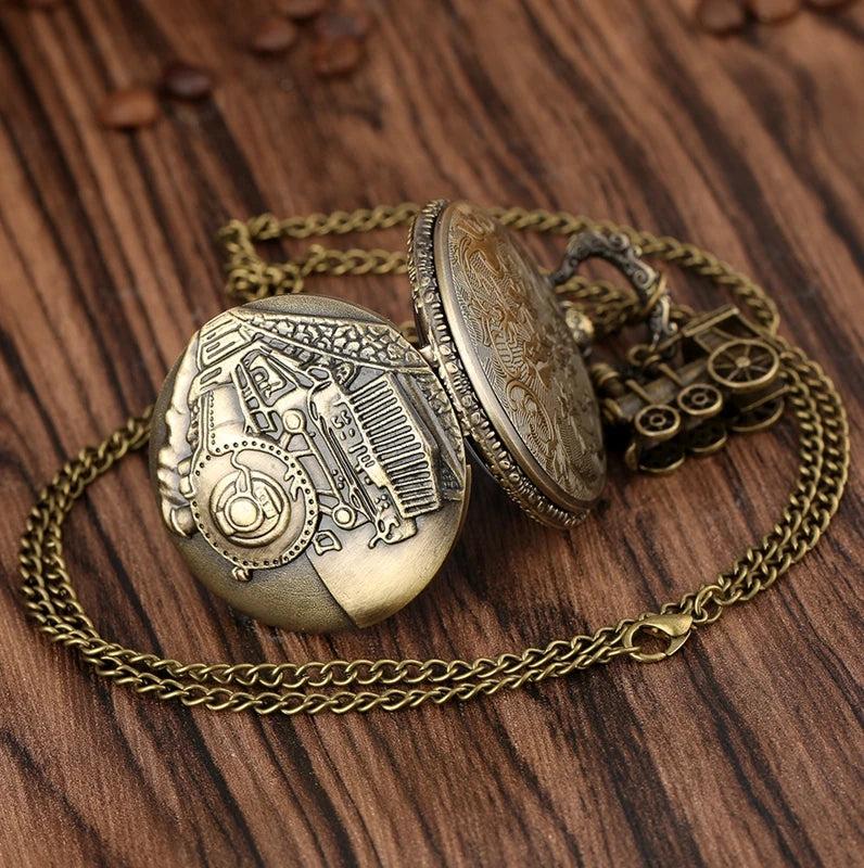 luckacco vintage classic steampunk train quartz pocket watch with necklace chain pendant souvenir gift clock for male men and kids