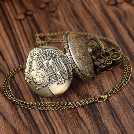 Luckacco Vintage Classic Steampunk Train Quartz Pocket Watch with Necklace Chain Pendant Souvenir Gift Clock for Male Men and Kids