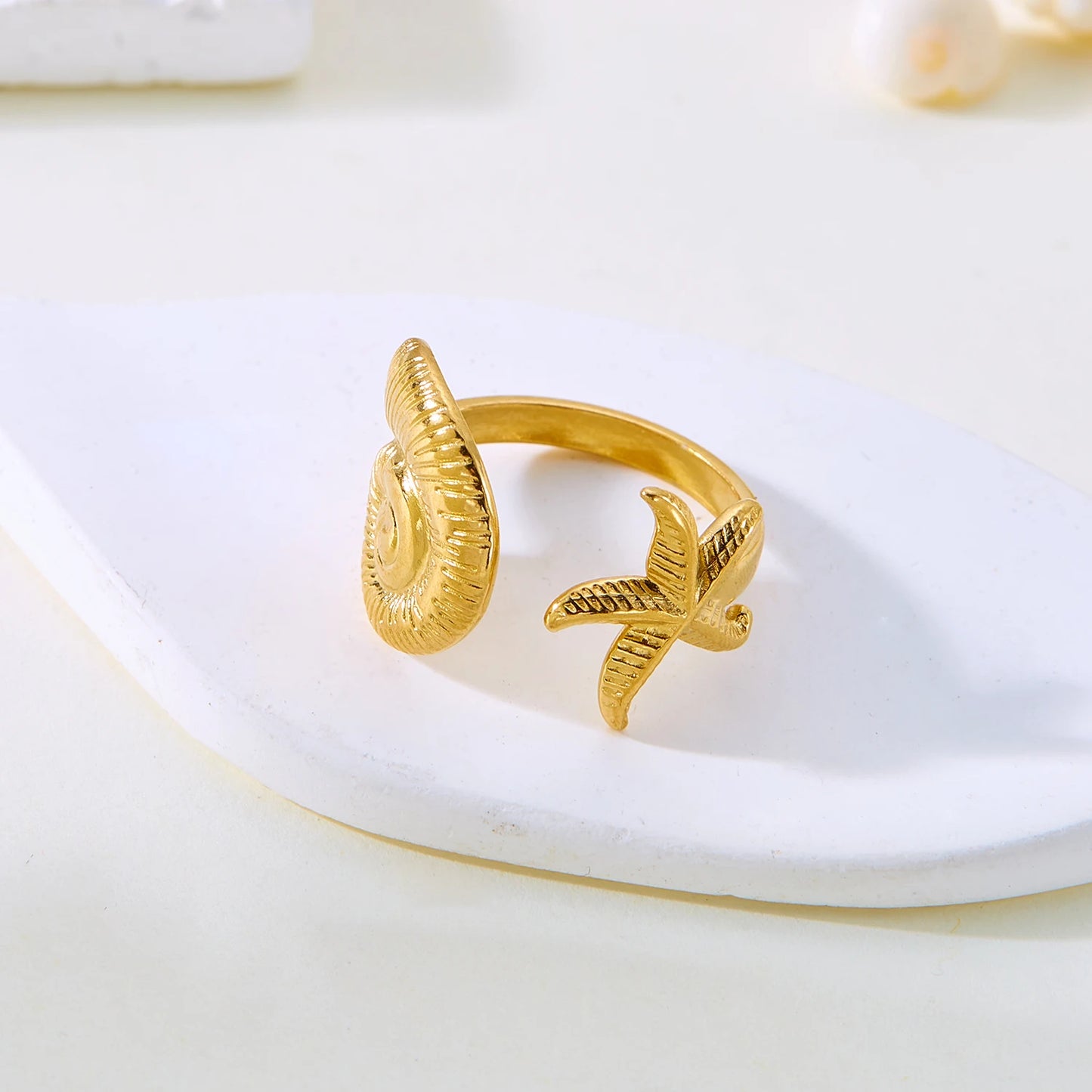 luckacco trendy gold color stainless steel ring for women bohemian shell starfish conch flower butterfly heart ring party jewelry gift