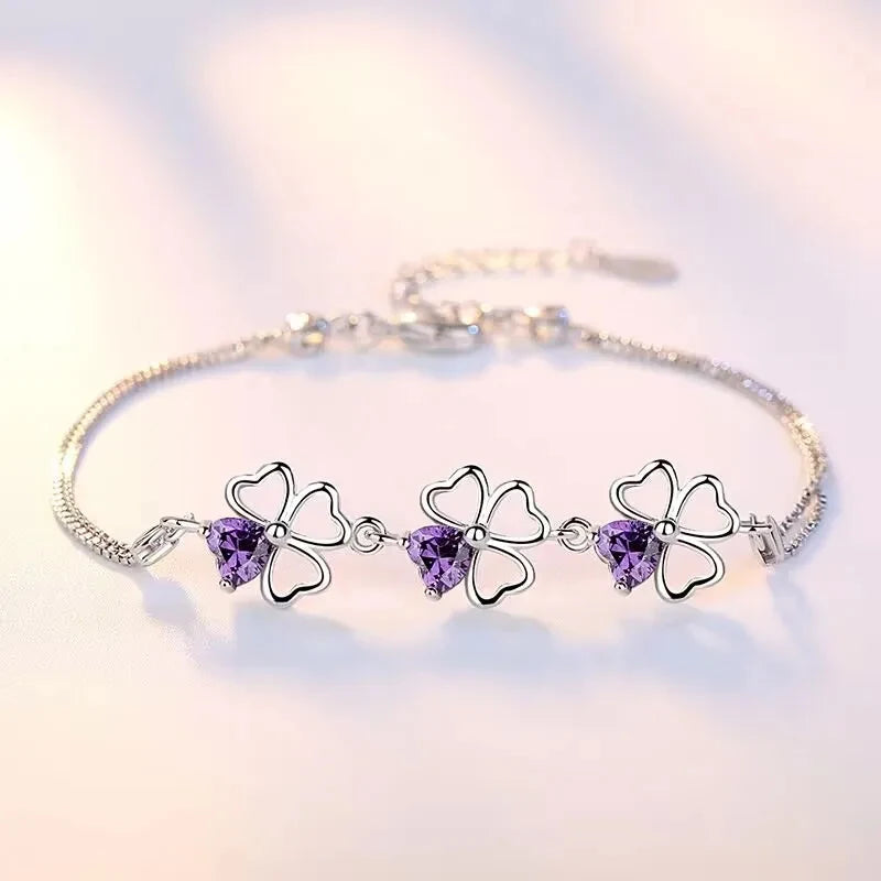 luckacco new fine 925 sterling silver purple crystal lucky clover bracelets for women fashion party wedding accessories jewelry 17cm+4cm
