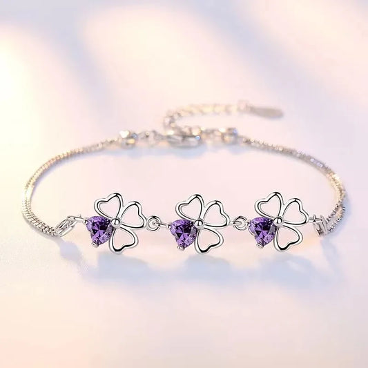 Luckacco NEW fine 925 Sterling Silver Purple crystal Lucky Clover Bracelets for women fashion party wedding accessories Jewelry 17CM+4CM
