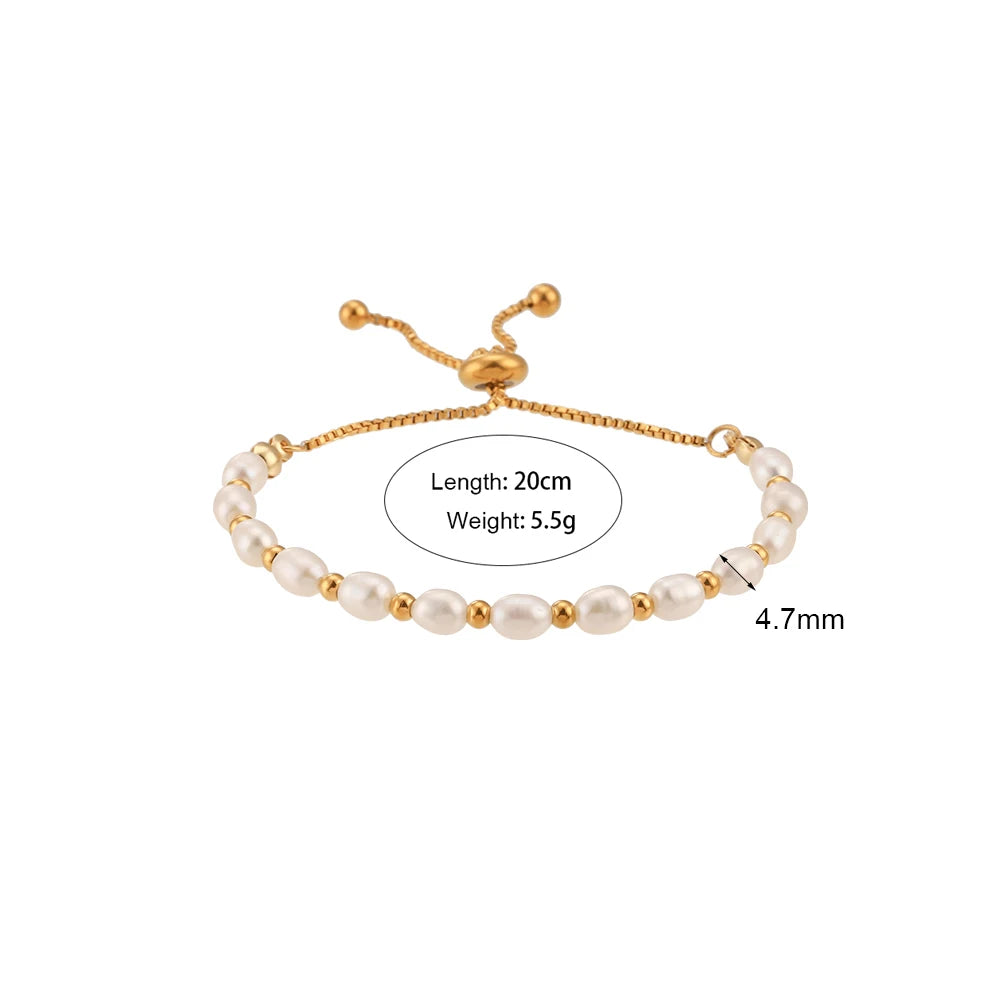 luckacco e.b.belle gold color beads freshwater pearls mixed adjustable stainless steel chain bracelet bangles for women elegant jewelry