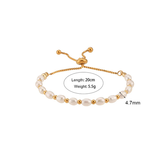 Luckacco E.B.belle Gold Color Beads Freshwater Pearls Mixed Adjustable Stainless Steel Chain Bracelet Bangles For Women Elegant Jewelry