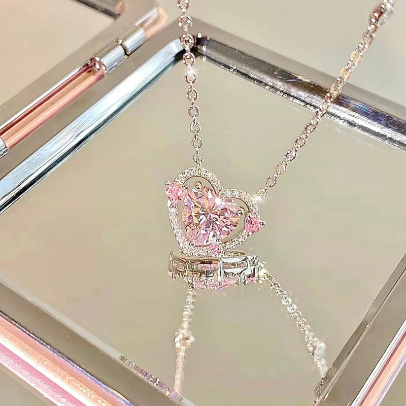 luckacco new 925 sterling silver luxury zircon sweet heart pendant necklaces for women designer jewelry gift female jewelry
